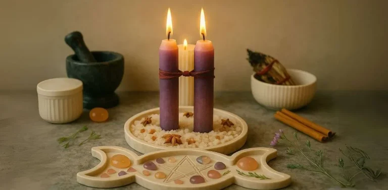 Decoración con velas moradas, inciensos y elementos naturales en un altar.